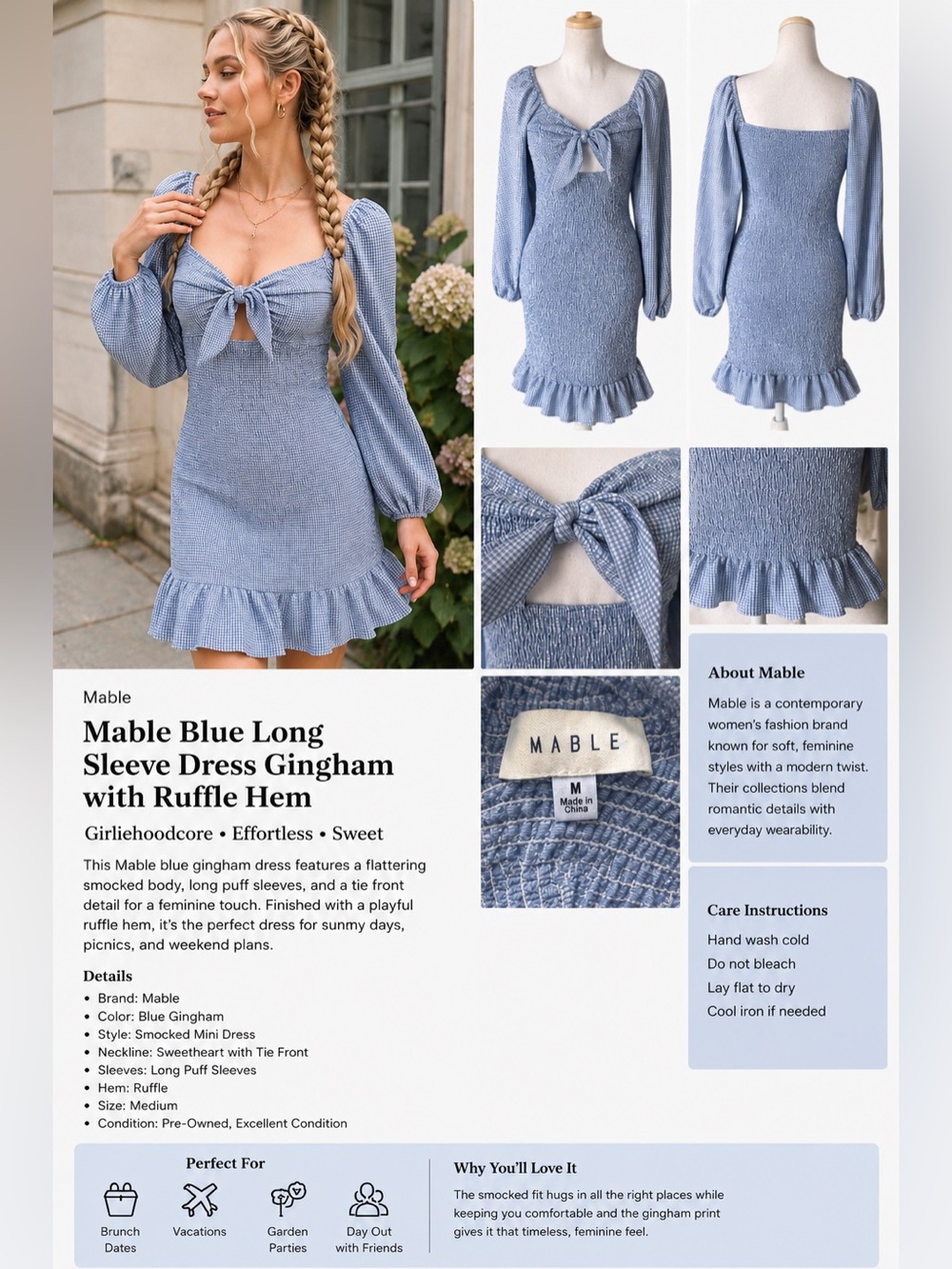 Mable Blue Long Sleeve Dress Gingham with Ruffle Hem girliehoodcore medium
